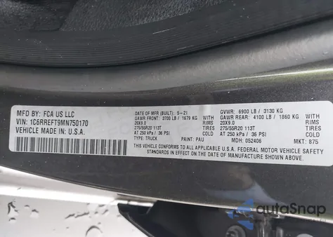 2021 Ram 1500 Big Horn 4X2 5'7 Box из США, поврежденный, VIN 1C6RREFT9MN750170